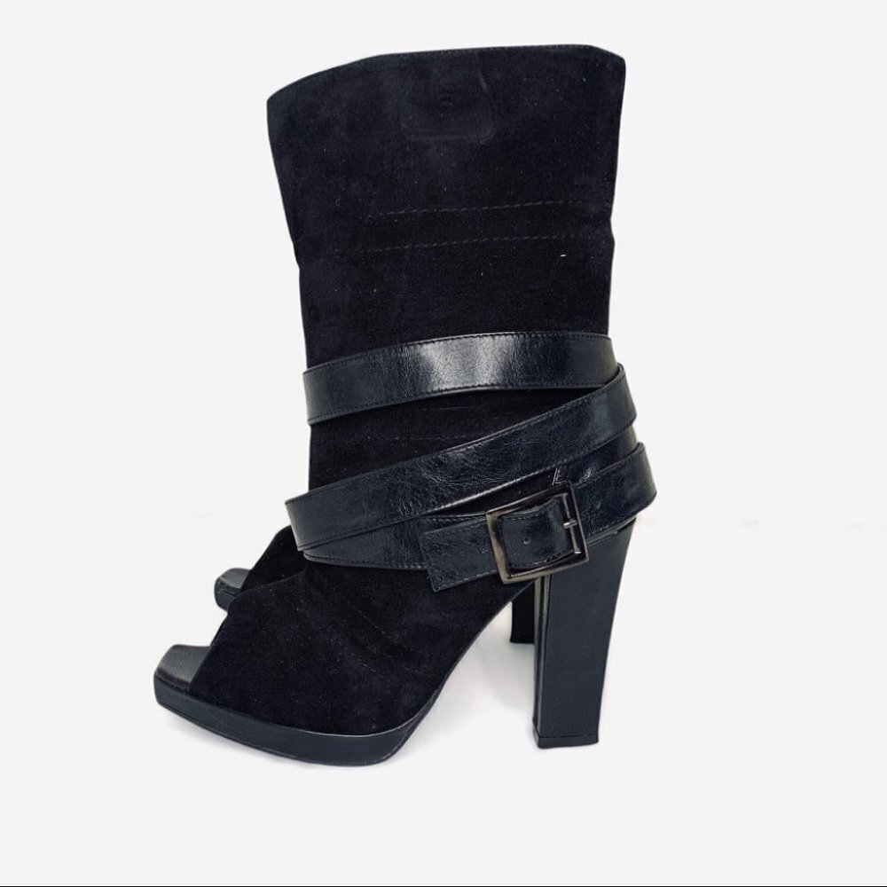 SEPALA BY MIHAELA GLAVAN BELTED THICK LEATHER SUEDE HEELED OPEN TOE  ANKLE BOOTS